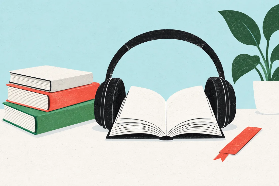 Illustration of headphones surrounding an open book, beside a stack of books